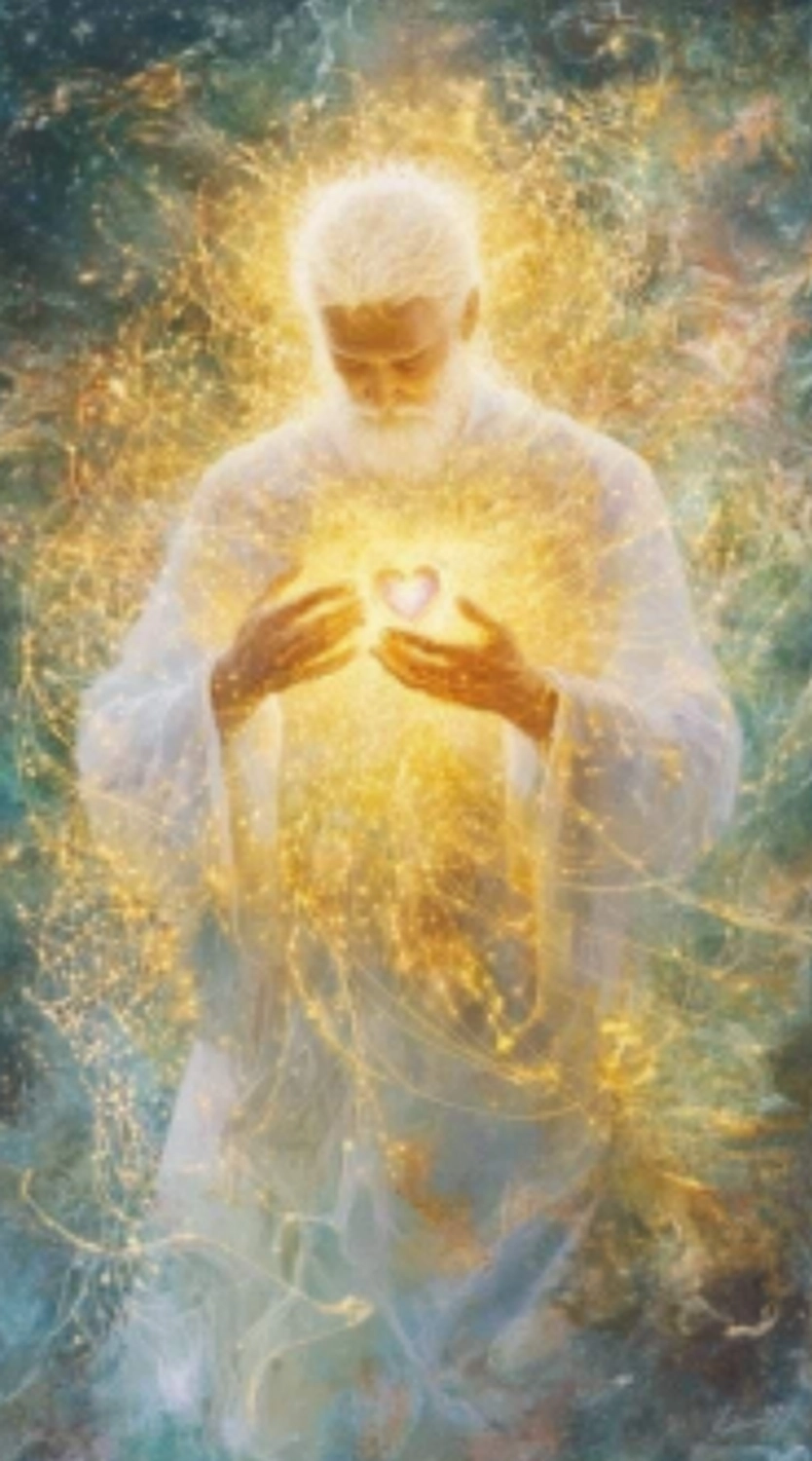Shanshija – Coaching für spirituelles Erwachen – Ein ätherisches Gemälde eines älteren Mannes mit weißem Haar und Bart, gekleidet in weiße Gewänder. Er hält ein leuchtendes Herz zwischen seinen Händen, das intensives goldenes Licht und kosmische Energie ausstrahlt, die ihn vor einem dunklen, sternenübersäten Hintergrund umgibt.